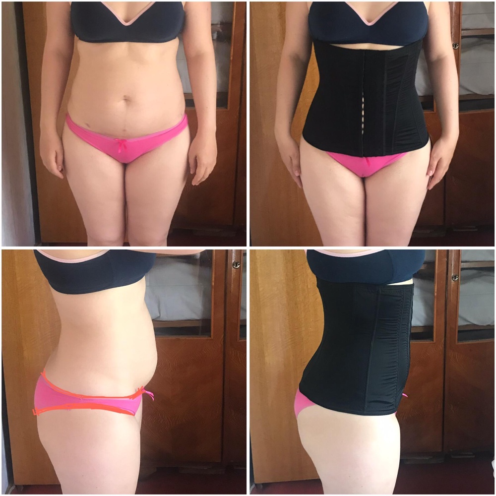 После КС мои объемы бёдер 106, живота 94, талии 79, под грудью 80. 
Корсет заказала размера 3, рос. 46. 
На первый (крайний) ряд застегнула лёжа. Туго шёл, но чувствуется небольшая эластичность. Родные сомневались, что застегнется вообще. Но с размером не прогадала, в самый раз. Конечно в нем особо не нагнешься и не сядешь. При платье в обтяжку будут ощущаться замочки. 