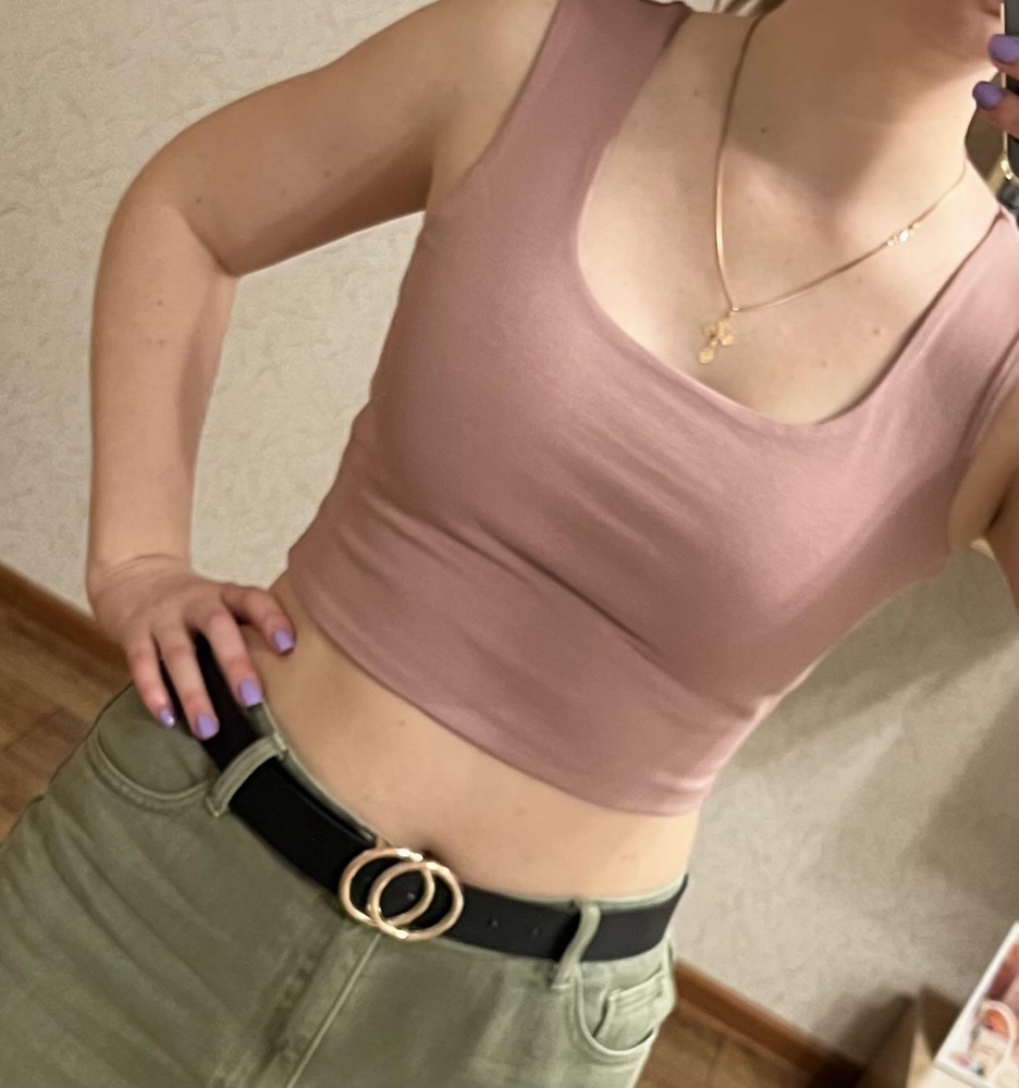 Хороший топ, померила без белья. Тоже думала, будет по-длиннее. Рост 175, ОГ 90, ОТ 73.