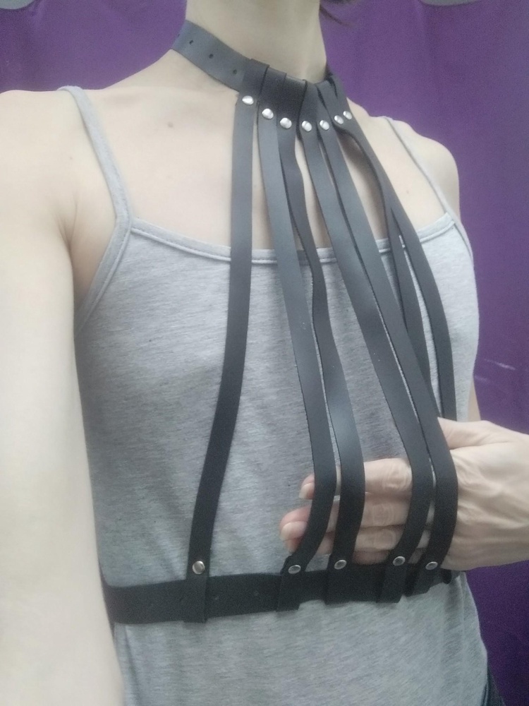 Ремешки широкие, мягкие, сделано качественно. Но обратите внимание пожалуйста на размер воротника, на шею 31 см оказалось недостаточно дырочек, впритык. Возврат, потому что на плоскую грудь не подошло.