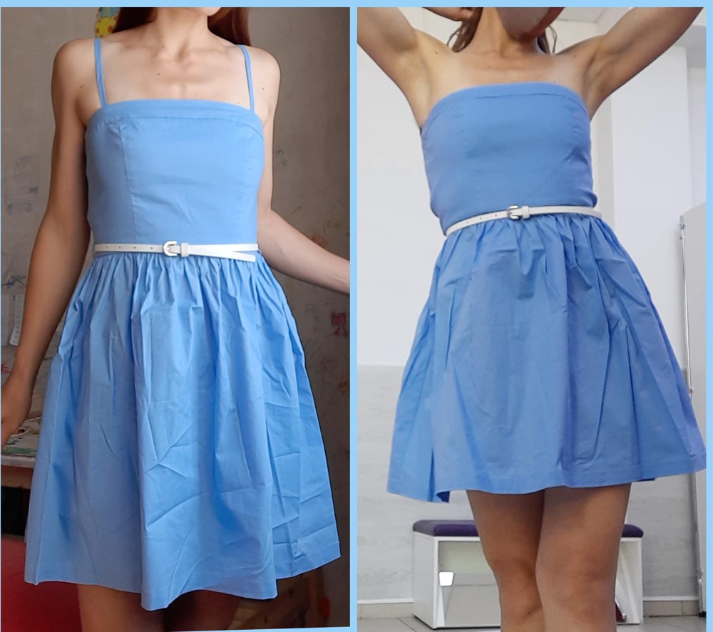 Прекрасные выточки и формы платья. Легкое и не облегает. Рост в рост. ВНИМАНИЕ!!! Ростовка платья 170 на мой 160см - именно это даёт складку на спине, я нарочно на ней акцентирую внимание на первой фотографии. На 170 рост сядет идеально.

Для тех, кто как я с детьми: 
1. 11 см выше верха коленной чашечки.
2. На ветру в 29 км/ч мою попу не видно.
3. В безветренную погоду можно наклониться к ребёнку с прямыми ногами не более чем на 90°, т.е. под прямым углом.
4. Кормить удобно - лямки крючками держатся. Отстегнула и ребёнок счастлив.
5. На фото без лифчика на кормящую неск лет неск детей грудь, т.е. при небольших дефектах груди, платье скрадывает дефекты.

По ощущениям хлопок. По отзывам мужа - шикарно выгляжу. На складку на спине вообще не обратил внимания - это только для нас женщин каждая складочка только важна ))). Размер 36/170. Мои параметры на фото: ог86 от64 об 90.